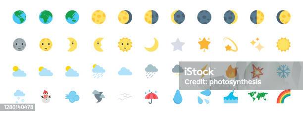 Earth Planet Icons Vector Set All Type Of Moon Faces Weather Icons Collection Temperature Cloud Sky Symbols Emojis Set Vector Stock Illustration - Download Image Now
