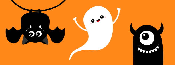 ilustraciones, imágenes clip art, dibujos animados e iconos de stock de feliz halloween. lindo murciélago. espíritu fantasma. cara de monstruo con colmillo, cuernos. dibujos animados kawaii divertido juego de personajes de bebé. icono de silueta negra. diseño plano. tarjeta de felicitación. fondo naranja. aislado. - bat halloween silhouette wing