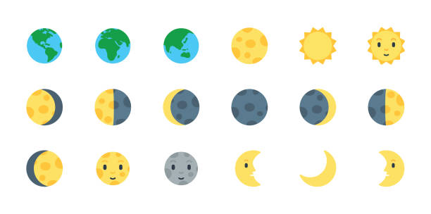 ilustraciones, imágenes clip art, dibujos animados e iconos de stock de conjunto de emojis vectoriales iconos de la tierra, el sol y la luna. todo tipo de luz lunar. símbolos del planeta. superficie luna. luna creciente - luna