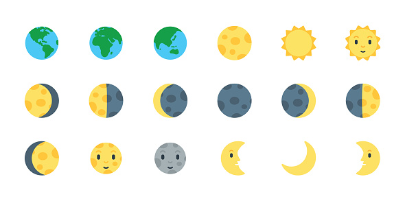 Earth, Sun and Moon Icons Vector Emoji Set. All Type of Moon Light. Planet Symbols. Moon Surface. Crescent Moon