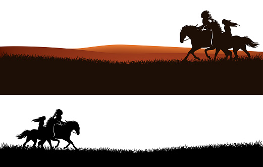 native american chief and beautiful woman riding horses - wild west grass prairie vector silhouette design