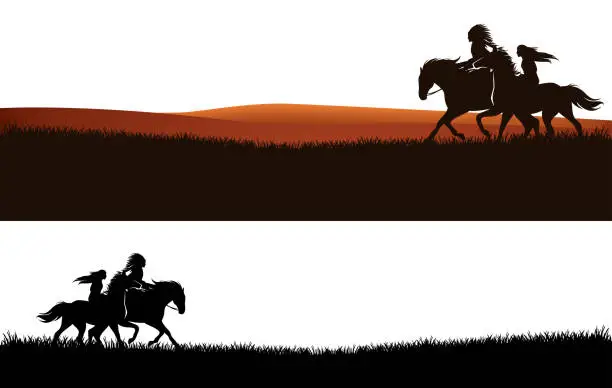 Vector illustration of native american man and woman riding horses vector silhouette outline