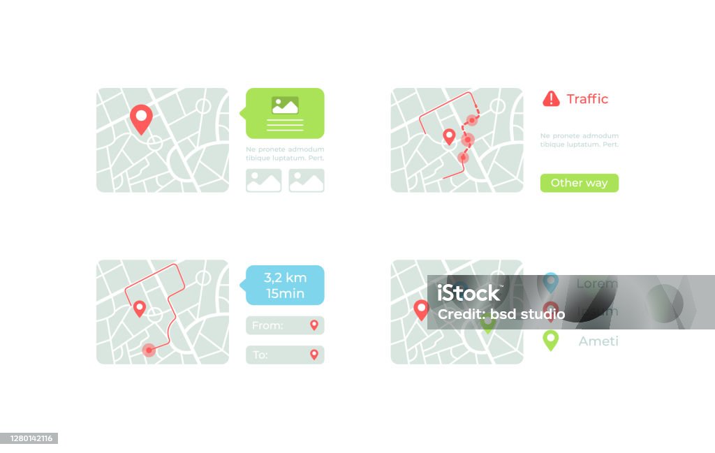 Map Waypoints Ui Examples Maps With Routes Ui Elements Kit Stock Illustration - Download Image ...
