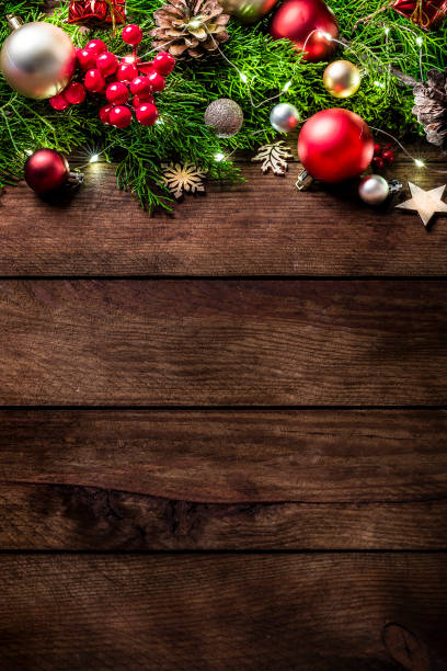 istock Christmas decoration with copy space on a rustic wooden table 1280143484