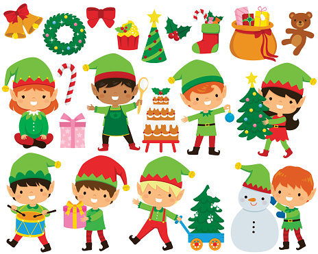 Christmas elves clipart set. Cute Santas elves in different poses and a collection of Christmas items.