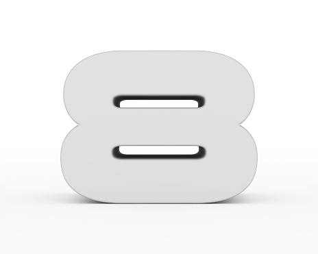 Number 8 - white gray futuristic 3d font standing isolated on white background - 3d rendering