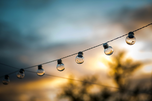 Outdoor string lights / electric bulbs on a sunset sky background. Outdoor party / backyard decoration.