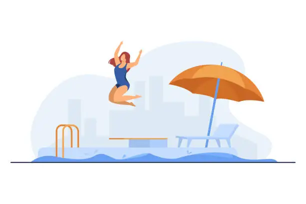 Vector illustration of Girl jumping into outdoor swimming pool