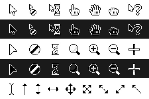 Retro mouse paining arrows, loading hourglass and zoom magnifier. Pointing hand and grab icons vector set