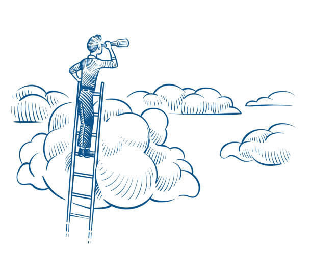 бизнес-видение. бизнесмен с телескопом стоит на лестнице среди облаков. успешные будущие достижения эскиз вектор концепции - искать иллюстрации stock illustrations