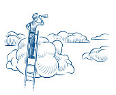 istock Business vision. Businessman with telescope standing on ladder among clouds. Successful future achievements sketch vector concept 1280154330