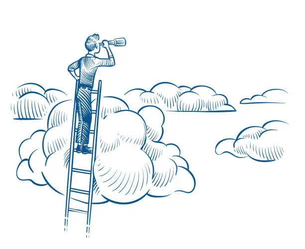 Vector illustration of Business vision. Businessman with telescope standing on ladder among clouds. Successful future achievements sketch vector concept