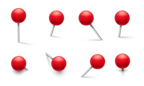 istock Push pins. Metal pin with plastic round red knob, thumbtack in different pushing angles. 3d vector school pushpin isolated set 1280154339