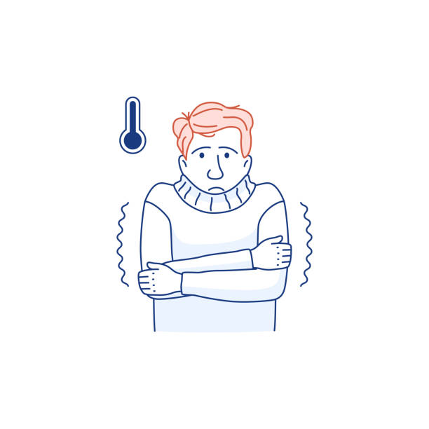 Sick person portrait isolated thin line icon. Man in fever, high temperature, thermometer sign. Flu virus cold coronavirus symptom. Character in sweat. Outline medical infographic vector illustration. Sick person portrait isolated thin line icon. Man in fever, high temperature, thermometer sign. Flu virus cold coronavirus symptom. Character in sweat. Outline medical infographic vector illustration. shivering stock illustrations