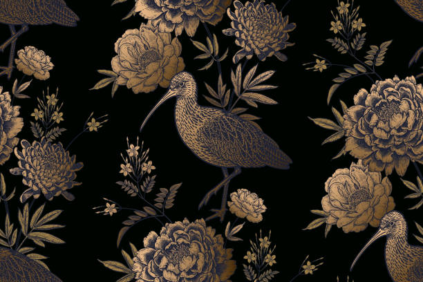 kwiatowy bezszwowy wzór. ptaki ibis i kwiaty ogrodowe. złoto i czerń - egzotyczny ptak obrazy stock illustrations