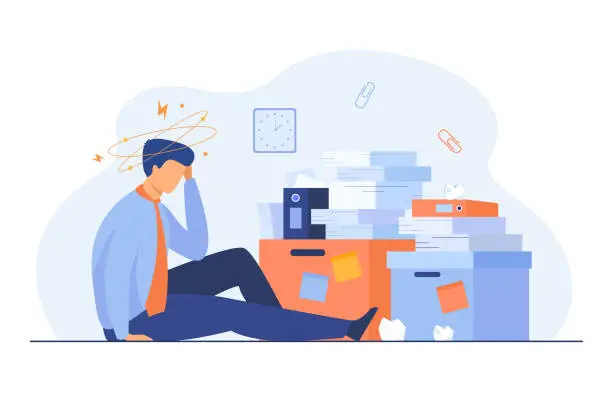 Vector illustration of Tired man sitting on floor with paper document piles