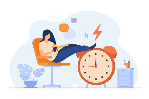 Lazy woman sitting in office and procrastinating Lazy woman sitting in office and procrastinating flat vector illustration. Cartoon person wasting time with legs up on alarm watch. Daydream, leisure and laziness concept clip art of daydreaming stock illustrations