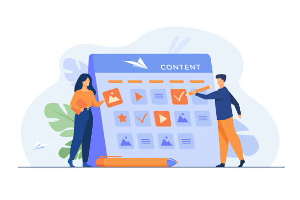 Happy SEO planning campaign for social media Happy SEO planning campaign for social media isolated flat vector illustration. Cartoon tiny characters standing near calendar with plan for website content. development and communication concept content stock illustrations