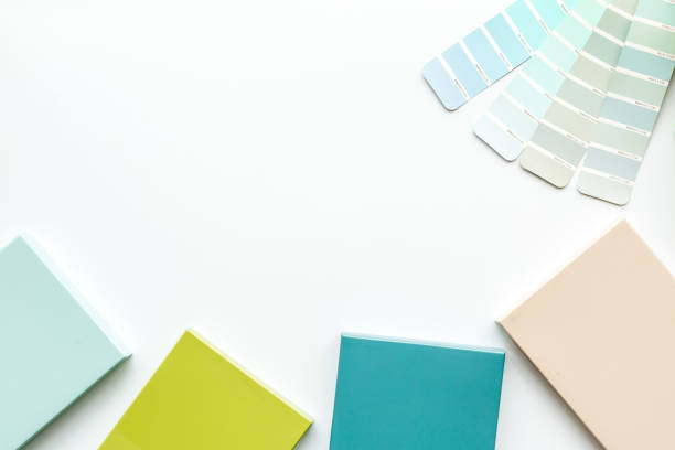 istock Boards samples with color scheme for furniture design interior. Overhead view 1280157059