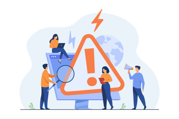 ilustraciones, imágenes clip art, dibujos animados e iconos de stock de personas pequeñas que examinan la advertencia de error del sistema operativo - alerta ilustraciones