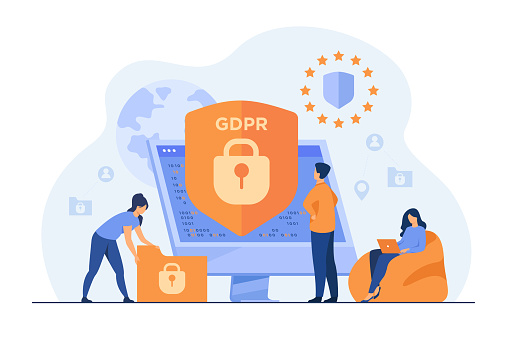 Tiny people protecting business data and legal information isolated flat vector illustration. General privacy regulation for protection of personal data. GDPR and privacy politics concept