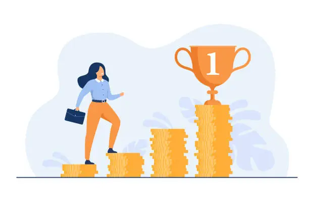 Vector illustration of Successful woman climbing stairs from stacks of coins