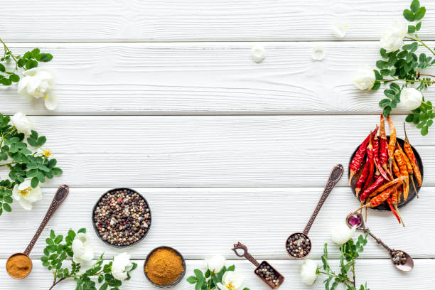 istock Set of various hot spices and herbs in a bowls. Top view, copy space. 1280158768