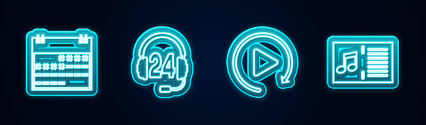 istock Set line Calendar, Headphone for support, Video play button and Music book with note. Glowing neon icon. Vector 1280158769