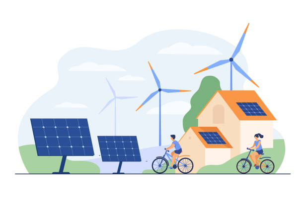 illustrazioni stock, clip art, cartoni animati e icone di tendenza di persone attive in bici, mulini a vento e casa con pannello solare - energia rinnovabile