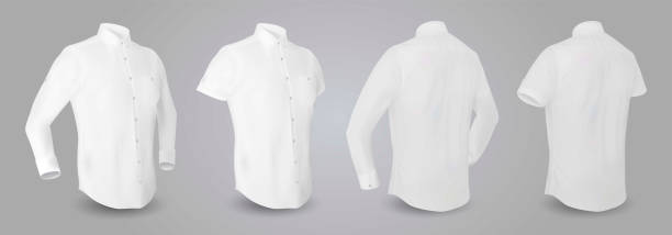 istock White male shirt with long and short sleeves and buttons in front, back and side view, isolated on a gray background. 1280158951