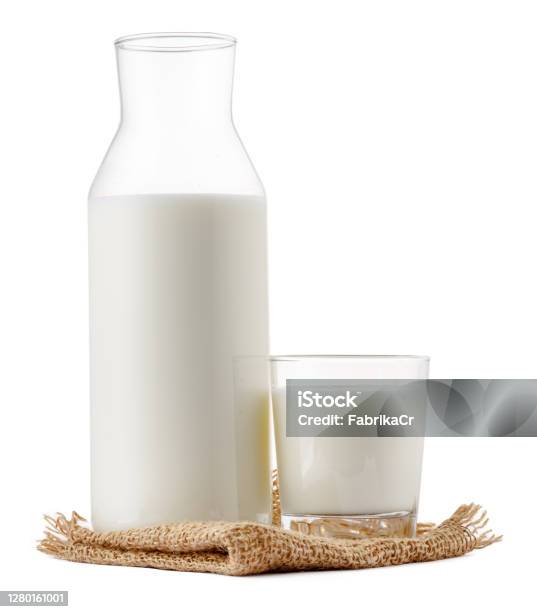 Glass Bottle And Cup Of Fresh Milk Isolated Stock Photo - Download Image Now - Milk, Drinking Glass, Glass - Material