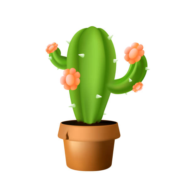 istock Green prickly cactus in a brown ceramic pot with blooming flowers on it. Vector illustration isolated on white background 1280162833