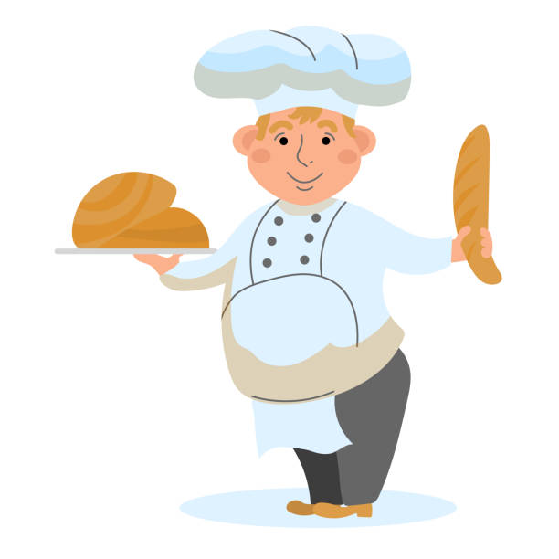 ilustrações de stock, clip art, desenhos animados e ícones de baker with baked goods. vector illustration in the style of cartoon happy baker. man character - characters cooking chef bakery