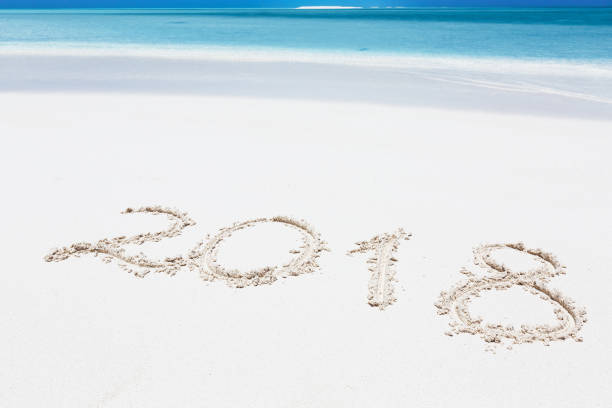 istock Handwritting inscription 2017 on sandy beach 1280163148