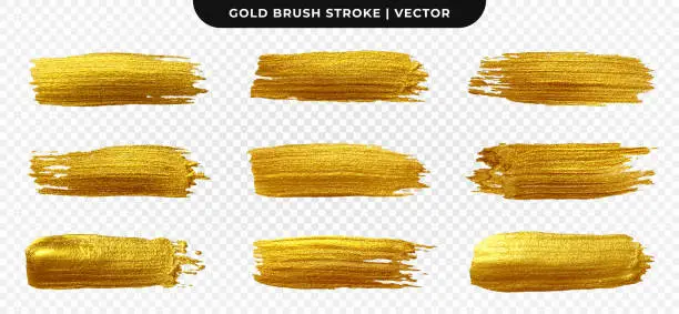 Vector illustration of Golden paint brush stroke. Set of gold paint smear with glittering texture. Realistic gold brush stroke with metallic effect