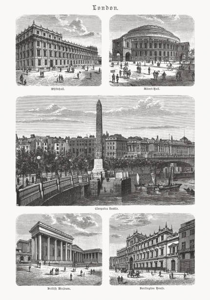 Historical views of London, England, wood engravings, published in 1893 Historical views of London, England: Whitehall, Royal Albert Hall, Cleopatra's Needle, British Museum and Burlington House. Wood engravings, published in 1893. whitehall street stock illustrations