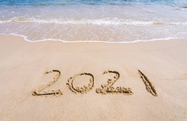istock 2021 year message handwritten in sand on beautiful beach background. New Years concept. 1280165403