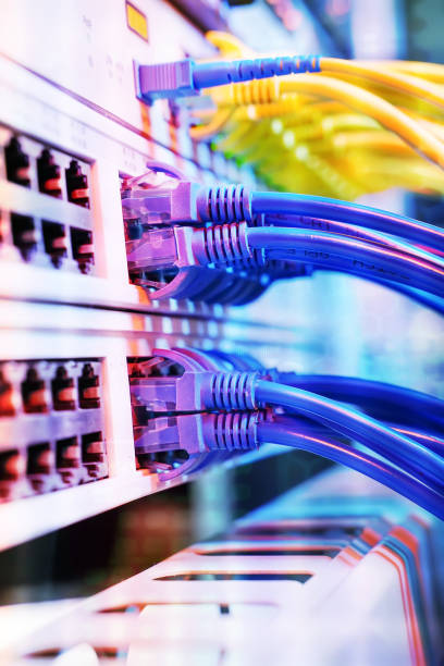sieć komputerowa technologii informatycznych, telekomunikacyjne kable ethernet podłączone do przełącznika. - cable node switch router zdjęcia i obrazy z banku zdjęć