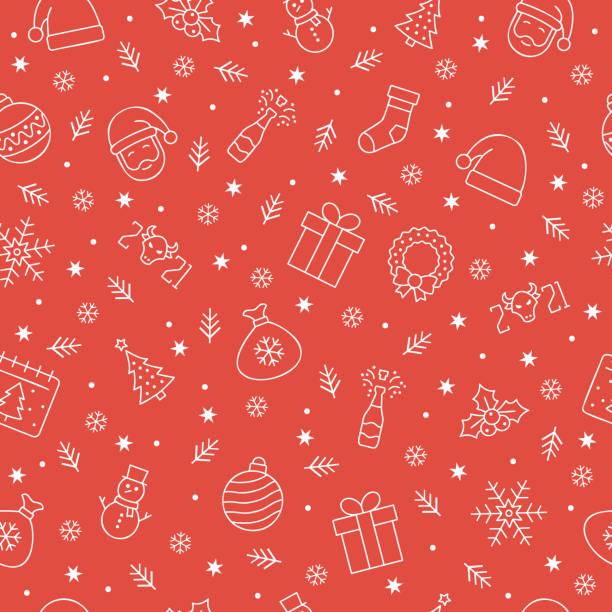 ilustraciones, imágenes clip art, dibujos animados e iconos de stock de iconos de navidad patrón sin costuras, oranmentos de navidad, patrón sin costuras para navidad y año nuevo sobre fondo rojo. - wrapping paper christmas gift snowman