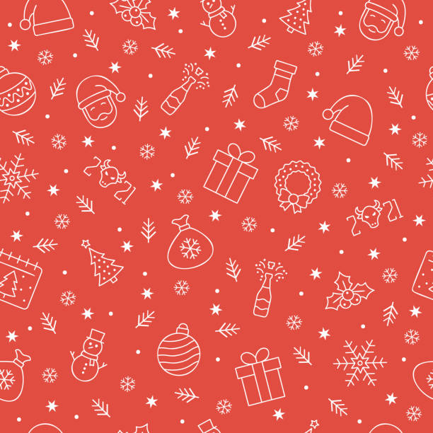 boże narodzenie ikony bez szwu wzór, boże narodzenie oranments, bezszwowy wzór na boże narodzenie i nowy rok na czerwonym tle. - wrapping paper christmas gift snowman stock illustrations