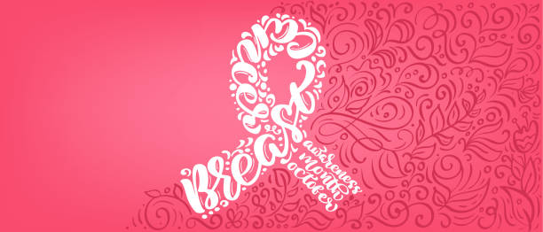 стилизованная розовая лента баннера с векторной цитатой груди canser за октябрь является рак осведомленности месяц каллиграфии надписи иллю� - breast cancer pink ribbon alertness stock illustrations