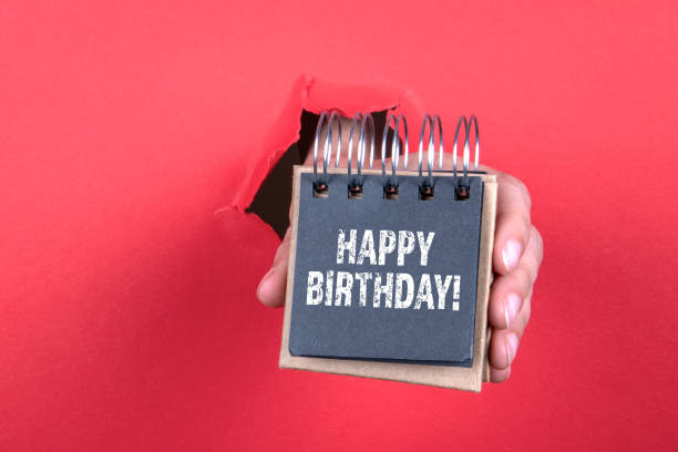 istock HAPPY BIRTHDAY! Notebook in a woman's hand on a red background 1280175089
