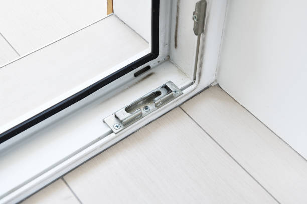 istock Fittings close-up in PVC plastic doors. A stuck plastic door does not work. The plastic door does not open. 1280175844