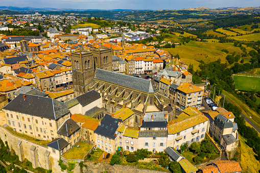 Drone view of walled French town of Saint-Flour with Cathedral