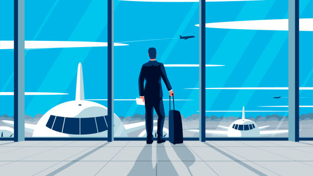 Vector flat illlustration of a businessman standing in the airport. Concept of a man wearing suit with suitcase standing in the airport lounge looking at the airfield. Departure awaiting hall interior Vector flat colorful illlustration of a businessman standing in the airport. Concept of a man wearing suit with suitcase standing in the airport lounge looking at the airfield. Departure awaiting hall interior airport terminal stock illustrations