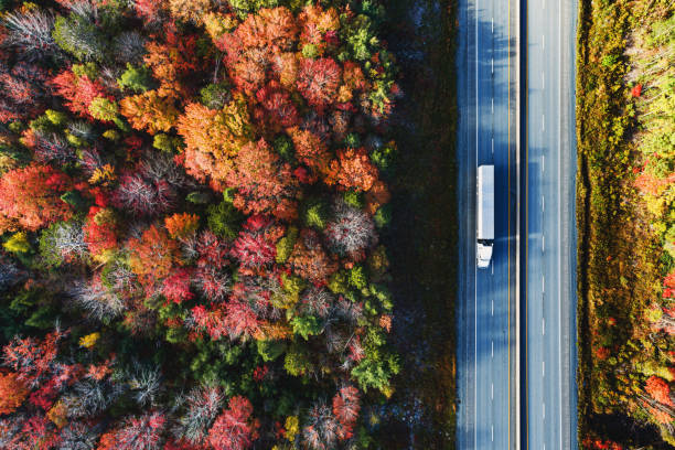 Trucking in October Aerial view of a semi truck driving on a highway on an October morning. drone point of view road stock pictures, royalty-free photos & images