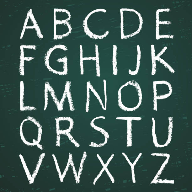 손으로 그린 알파벳. 서예 글꼴입니다. 현대 분필 글자. 그린 보드에 편지 - alphabetical order alphabet abc chalk stock illustrations