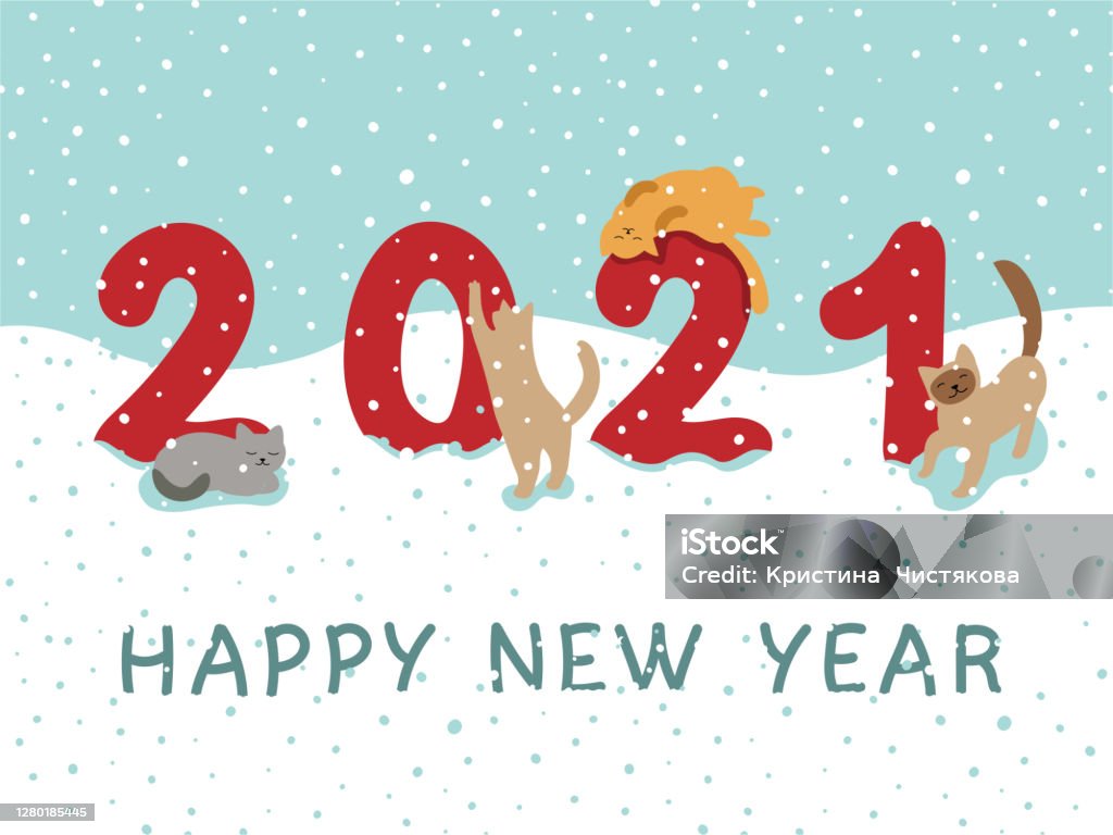 Postcard Happy New Year 2021 Numbers Under The Snow Cats Rub ...
