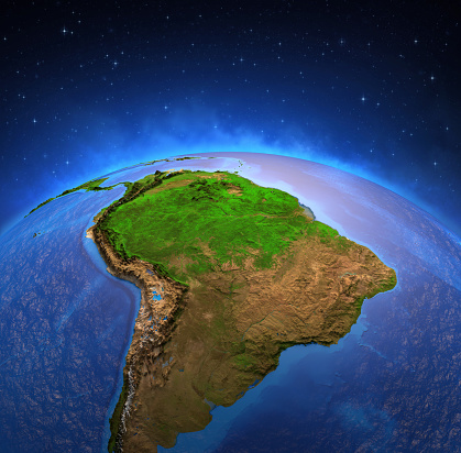 Surface of the Planet Earth viewed from a satellite, focused on South America, Andes cordillera and Amazon rainforest. Physical map of Amazonia. 3D illustration (Blender software) - Elements of this image furnished by NASA (https://eoimages.gsfc.nasa.gov/images/imagerecords/73000/73776/world.topo.bathy.200408.3x5400x2700.jpg).