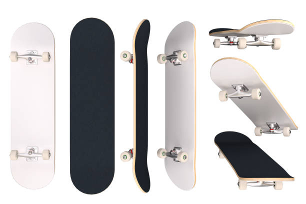 istock skateboard white color, plain and blank deck. Set of isolated object in different angle, mock up template for your logo and graphic design. 1280185718